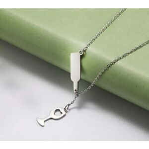 Stainless Steel Wine Bottle & Glass Pendant Necklace in Silver